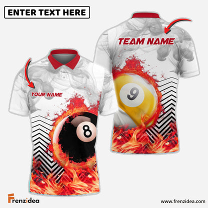 Frenzidea Billiards Ball 8 And 9  White Fire Flame Smoke Personalized Name, Team Name Unisex Shirt ( 4 Colors )