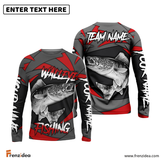 Frenzidea Walleye Fishing Red Gray Spinning Pattern Custom Name & Team Name 3D Shirts