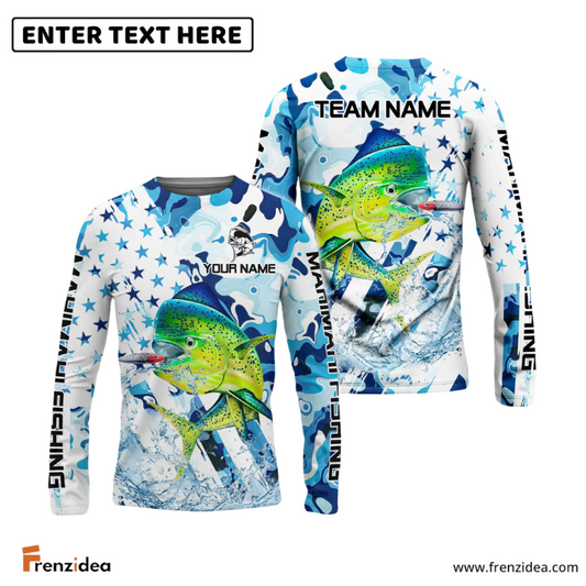 Frenzidea Mahimahi Fishing Blue White American Flag Custom Name & Team Name 3D Shirts