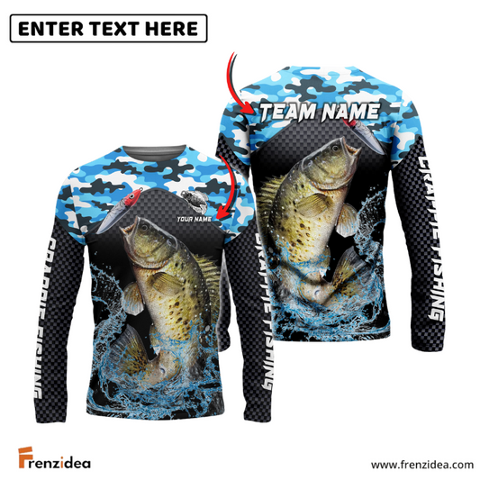Frenzidea Crappie Fishing Blue Camo Sport Custom Name & Team Name 3D Shirts
