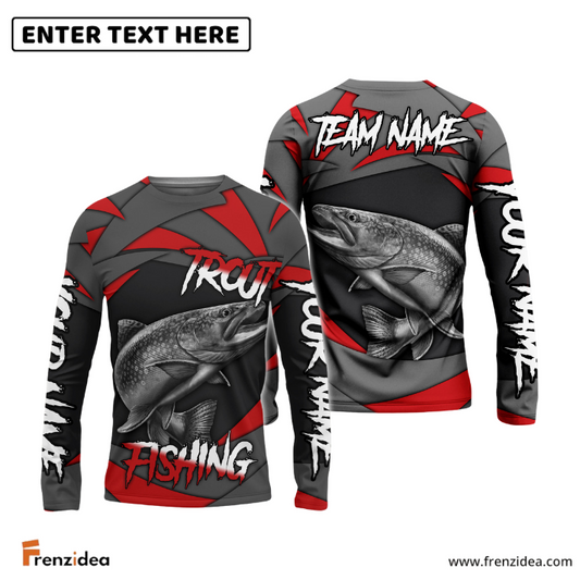Frenzidea Trout Fishing Red Gray Spinning Pattern Custom Name & Team Name 3D Shirts