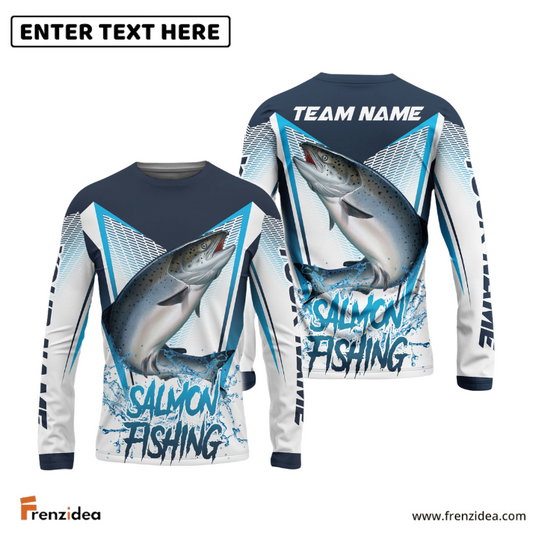 Frenzidea Salmon Fishing White Blue Camo Sport Custom Name & Team Name 3D Shirts