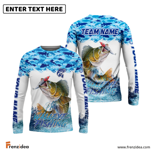 Frenzidea Walleye Fishing Blue Water Camo Custom Name & Team Name 3D Shirts