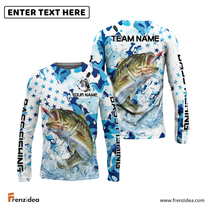 Frenzidea Bass Fishing Blue White American Flag Custom Name & Team Name 3D Shirts