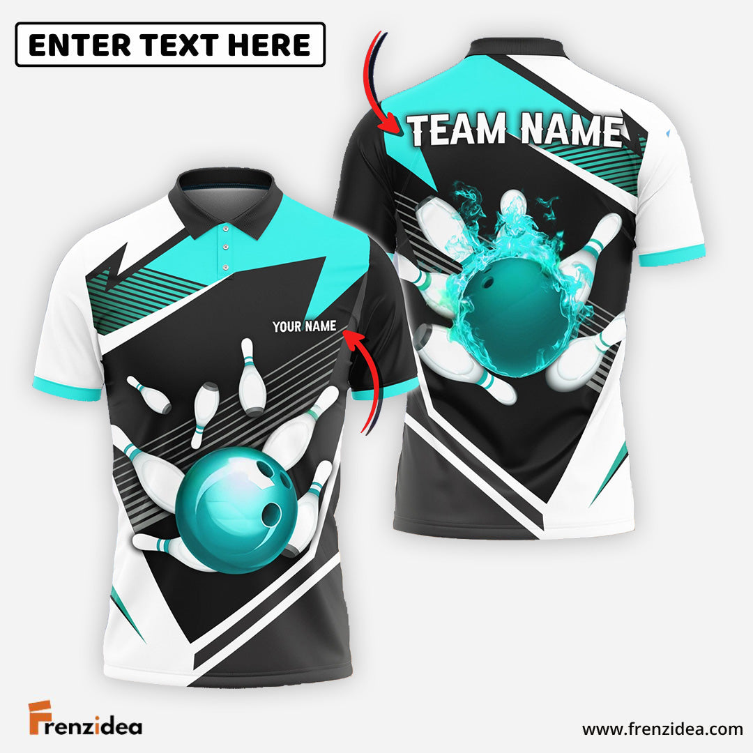 Frenzidea Bowling and Pins Tornado and Fire Pattern Customized Name, Team Name 3D Shirt (4 Colors)