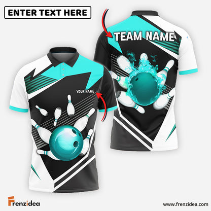 Frenzidea Bowling and Pins Tornado and Fire Pattern Customized Name, Team Name 3D Shirt (4 Colors)