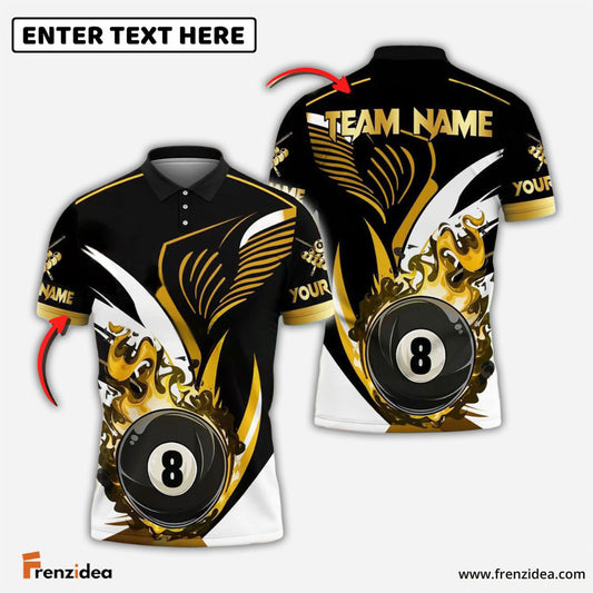 Frenzidea Billiards Ball 8 Pool Golden Flame Personalized Name & Team Name Shirt (4 Colors)