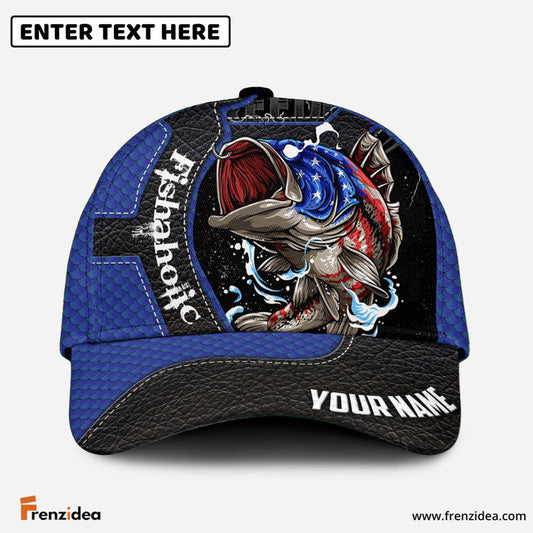Frenzidea Fishaholic USA Flag Personalized Blue Fishing Cap