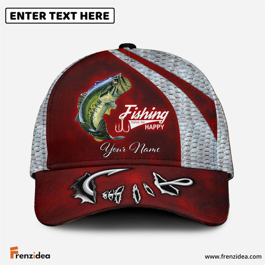 Frenzidea Custom Name Bass Fishing Red Hat Hook Print Cap