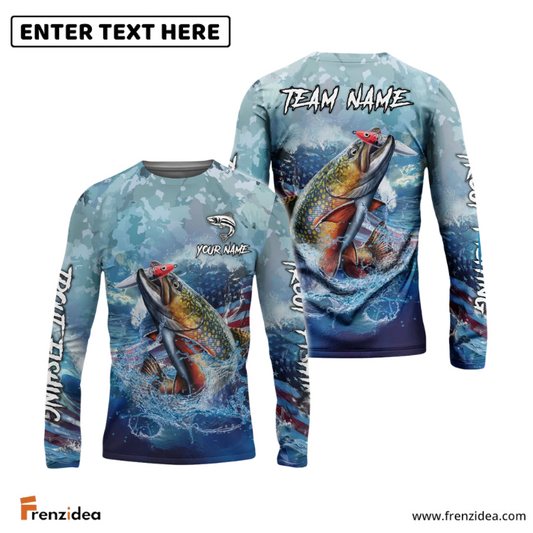 Frenzidea Trout Fishing American Flag Seawave Custom Name & Team Name 3D Shirts