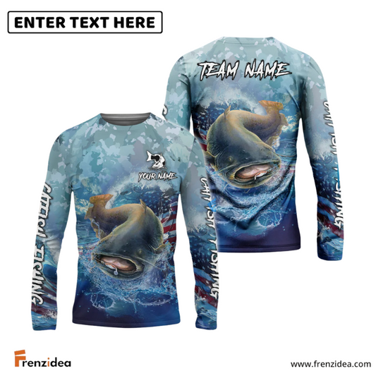 Frenzidea Catfish Fishing American Flag Seawave Custom Name & Team Name 3D Shirts