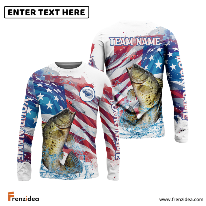 Frenzidea Crappie Fishing Watercolor USA Flag Custom Name & Team Name Shirts