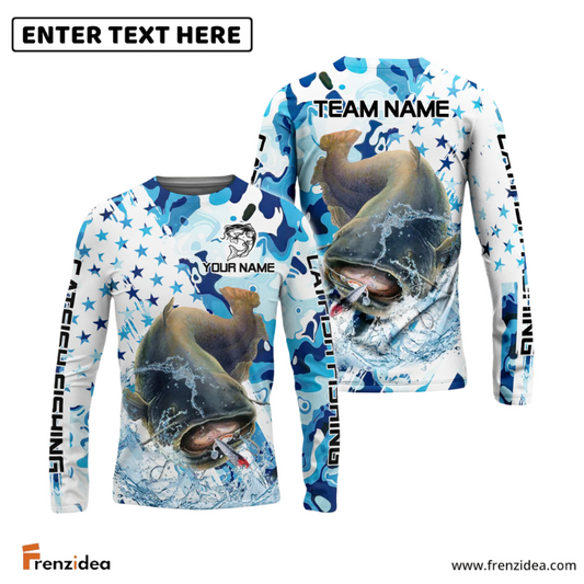 Frenzidea Catfish Fishing Blue White American Flag Custom Name & Team Name 3D Shirts
