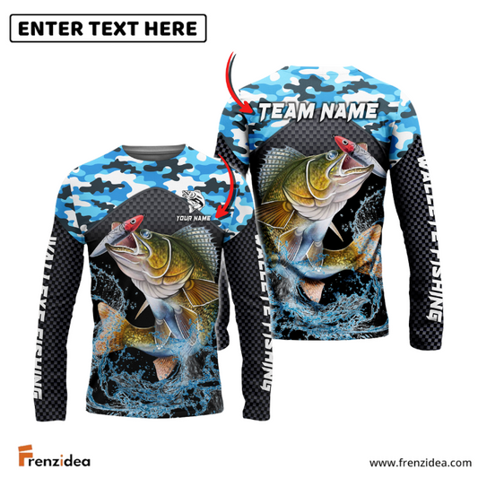Frenzidea Walleye Fishing Blue Camo Sport Custom Name & Team Name 3D Shirts