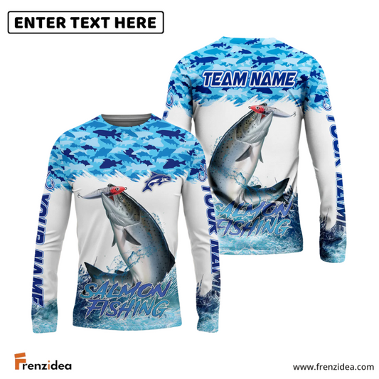 Frenzidea Salmon Fishing Blue Water Camo Custom Name & Team Name 3D Shirts