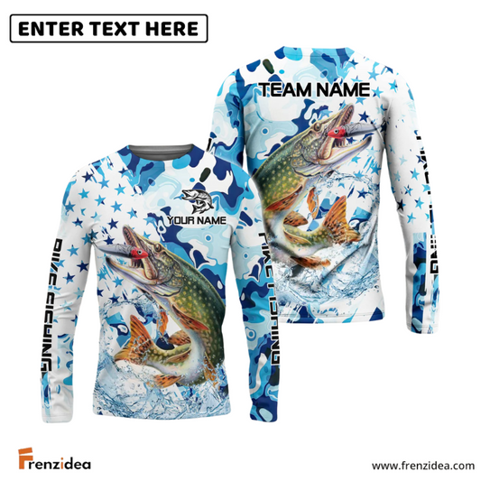 Frenzidea Pike Fishing Blue White American Flag Custom Name & Team Name 3D Shirts
