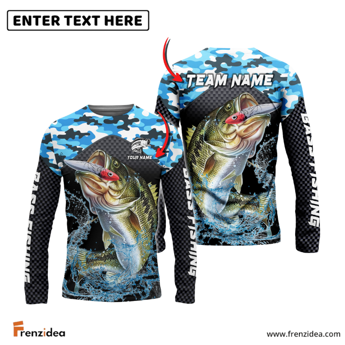 Frenzidea Bass Fishing Blue Camo Sport Custom Name & Team Name 3D Shirts