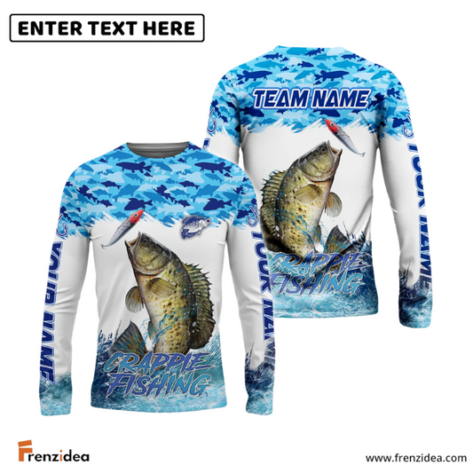 Frenzidea Crappie Fishing Blue Water Camo Custom Name & Team Name 3D Shirts