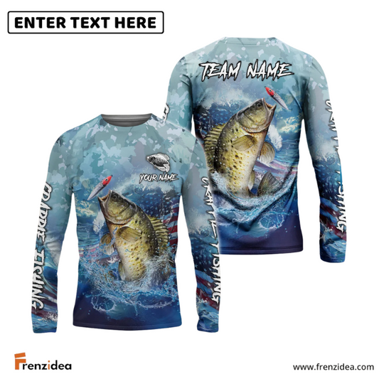 Frenzidea Crappie Fishing American Flag Seawave Custom Name & Team Name 3D Shirts
