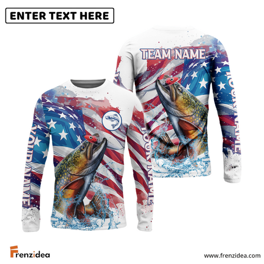 Frenzidea Trout Fishing Watercolor USA Flag Custom Name & Team Name Shirts