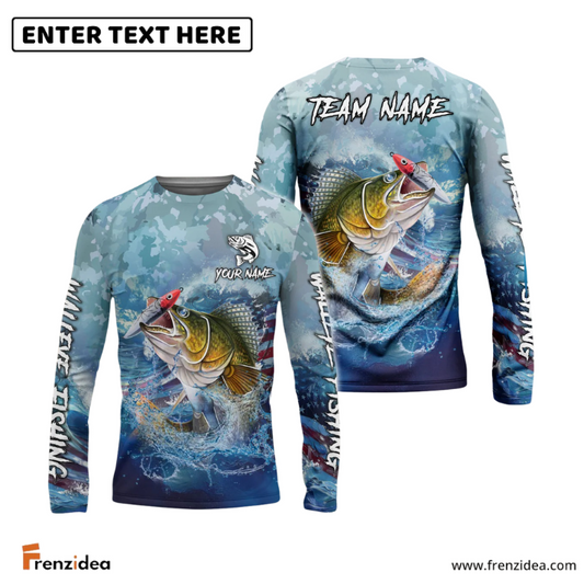 Frenzidea Walleye Fishing American Flag Seawave Custom Name & Team Name 3D Shirts
