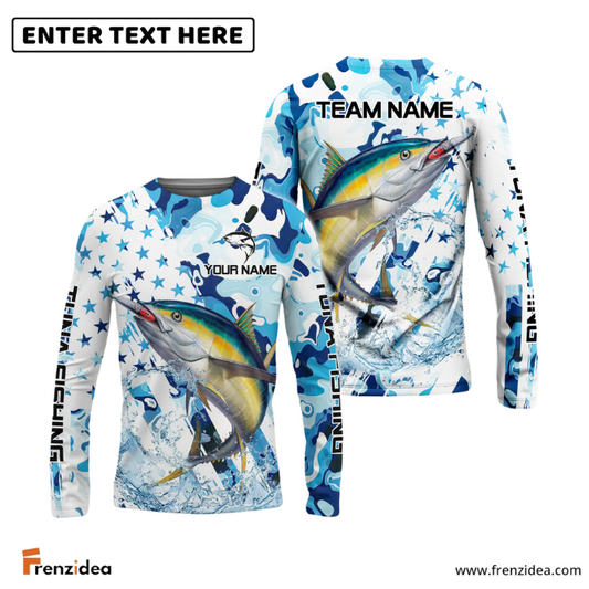 Frenzidea Tuna Fishing Blue White American Flag Custom Name & Team Name 3D Shirts