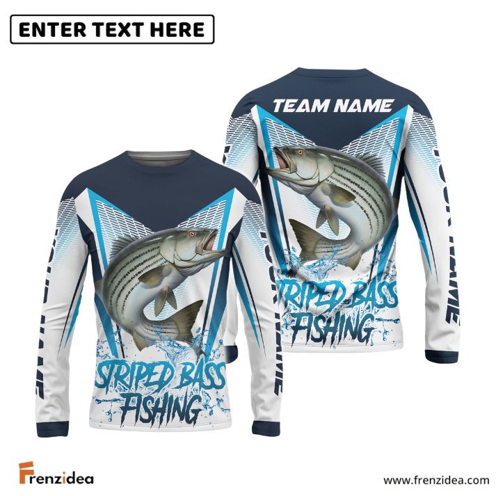 Frenzidea Striped Bass Fishing White Blue Camo Sport Custom Name & Team Name 3D Shirts