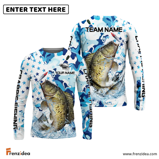 Frenzidea Crappie Fishing Blue White American Flag Custom Name & Team Name 3D Shirts