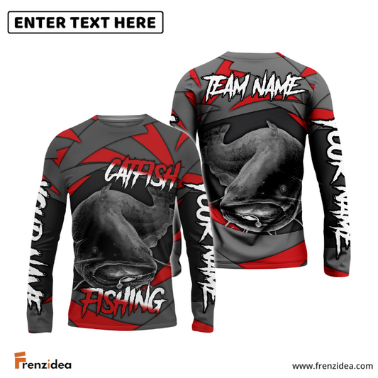 Frenzidea Catfish Fishing Red Gray Spinning Pattern Custom Name & Team Name 3D Shirts