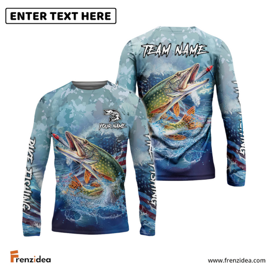 Frenzidea Pike Fishing American Flag Seawave Custom Name & Team Name 3D Shirts