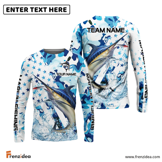 Frenzidea Marlin Fishing Blue White American Flag Custom Name & Team Name 3D Shirts