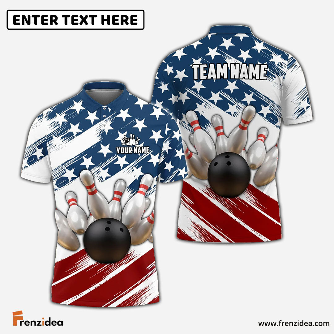 Frenzideas Bowling US Flag Customized Name, Team Name 3D Shirt