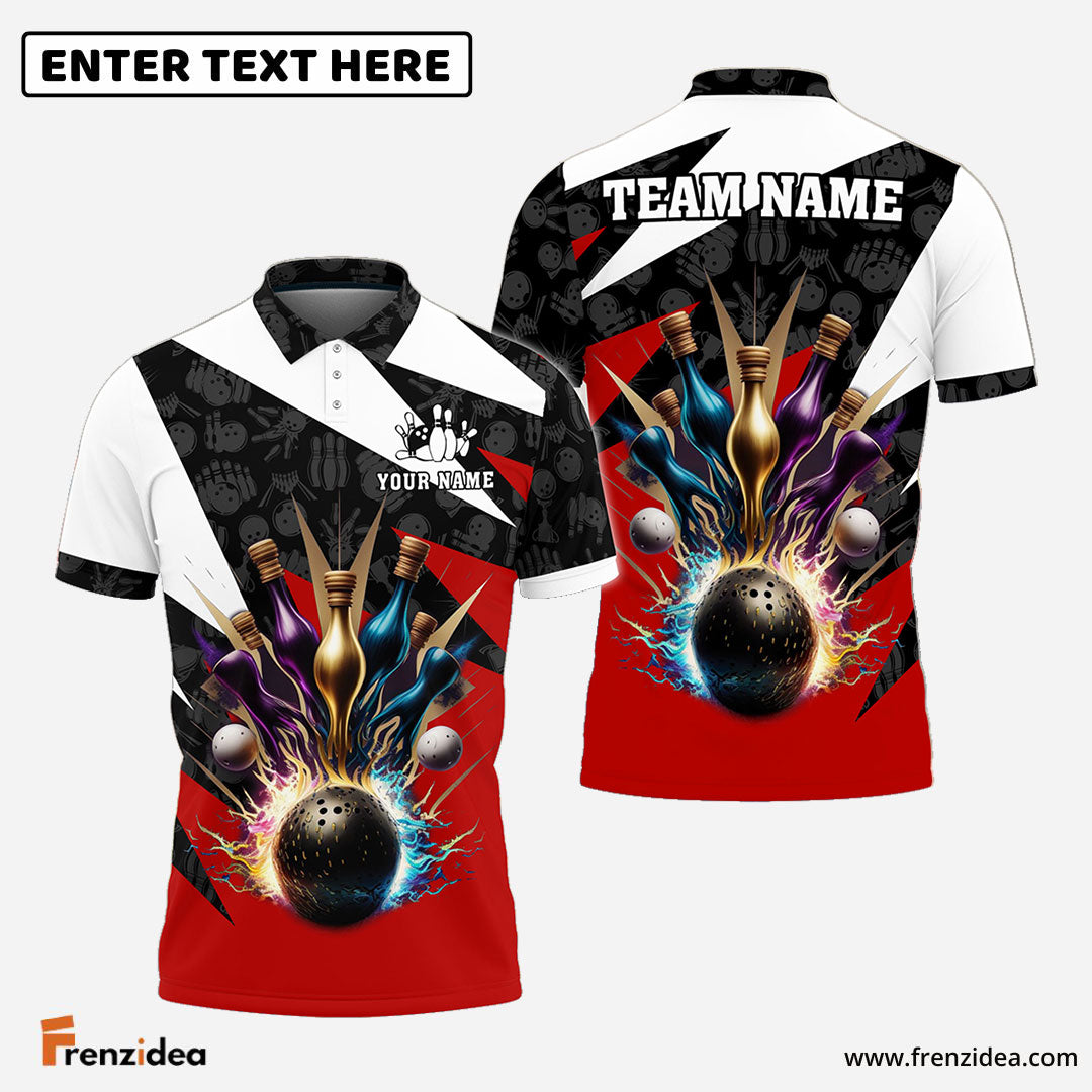 Frenzidea Bowling And Pins Color Lightning Customized Name 3D Shirt ( 4 Colors )