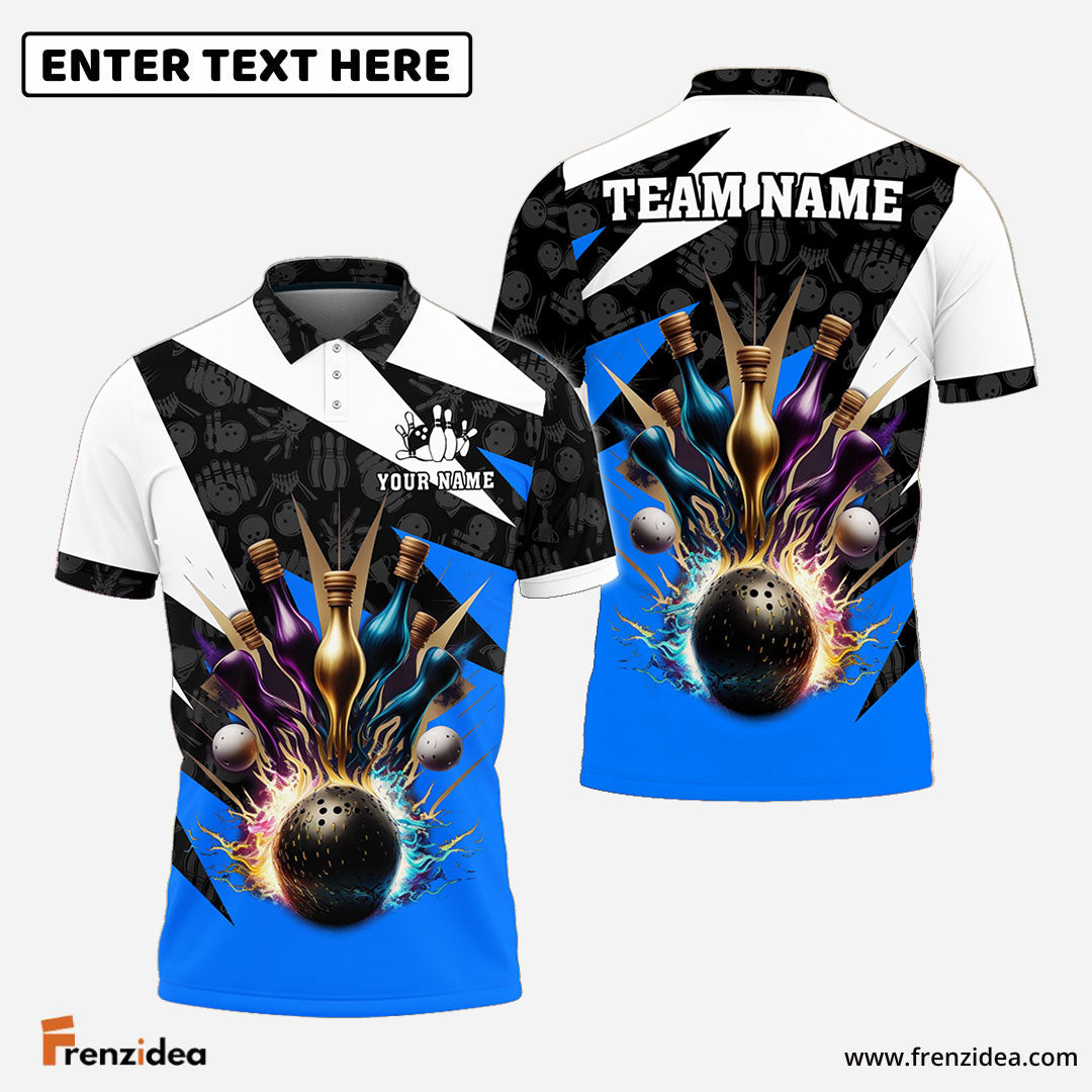 Frenzidea Bowling And Pins Color Lightning Customized Name 3D Shirt ( 4 Colors )