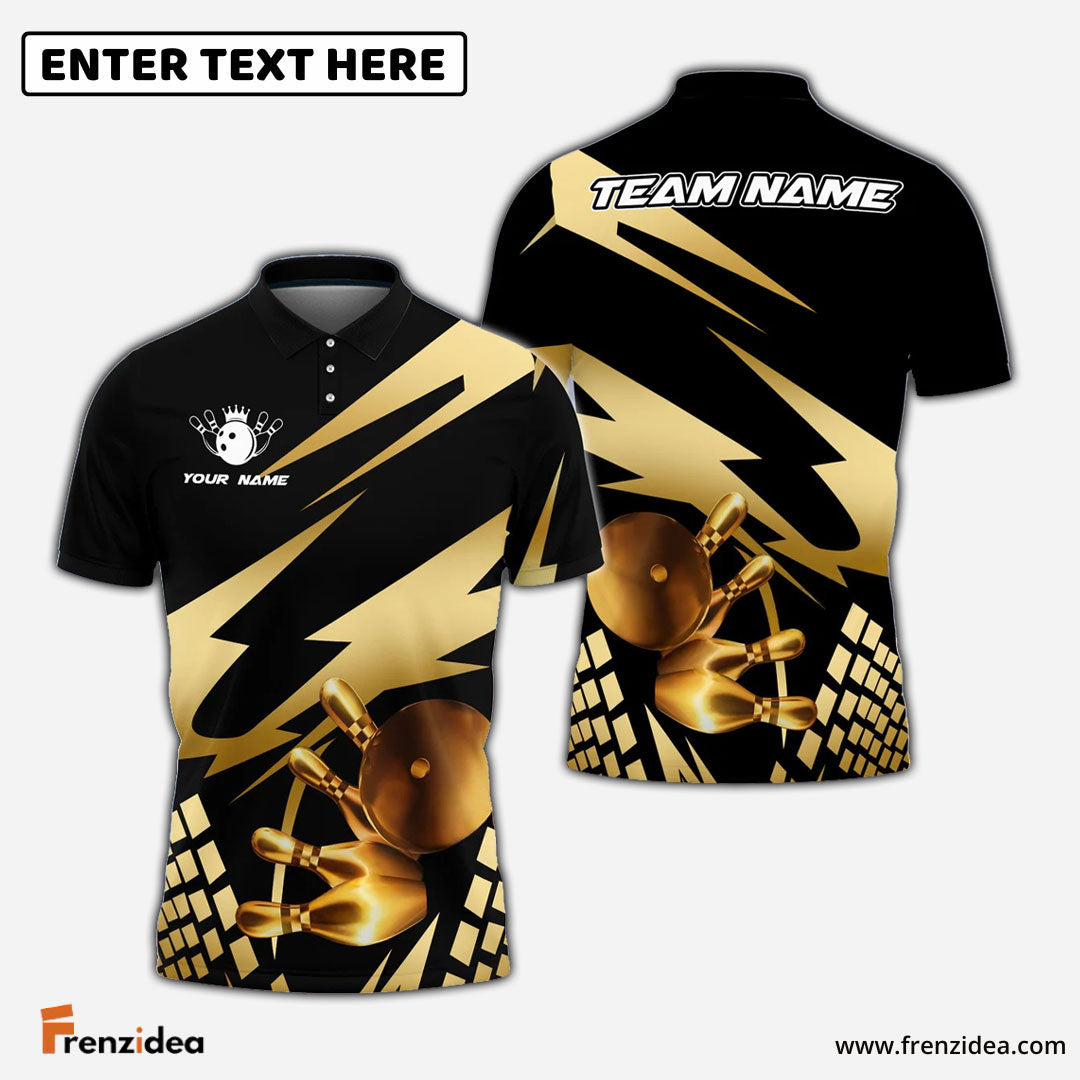 Frenzidea Bowling And Pins Gold Experience Customized Name 3D Shirt ( 5 Colors)