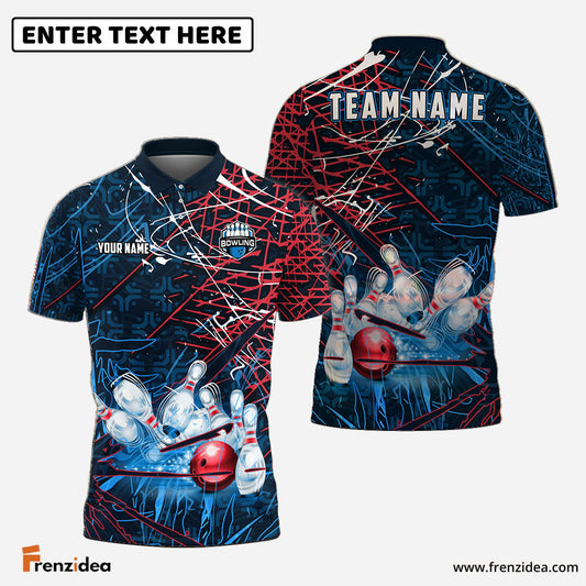 Frenzidea Bowling And Pins Blue And Red Line Customized Name, Team Name 3D Shirt