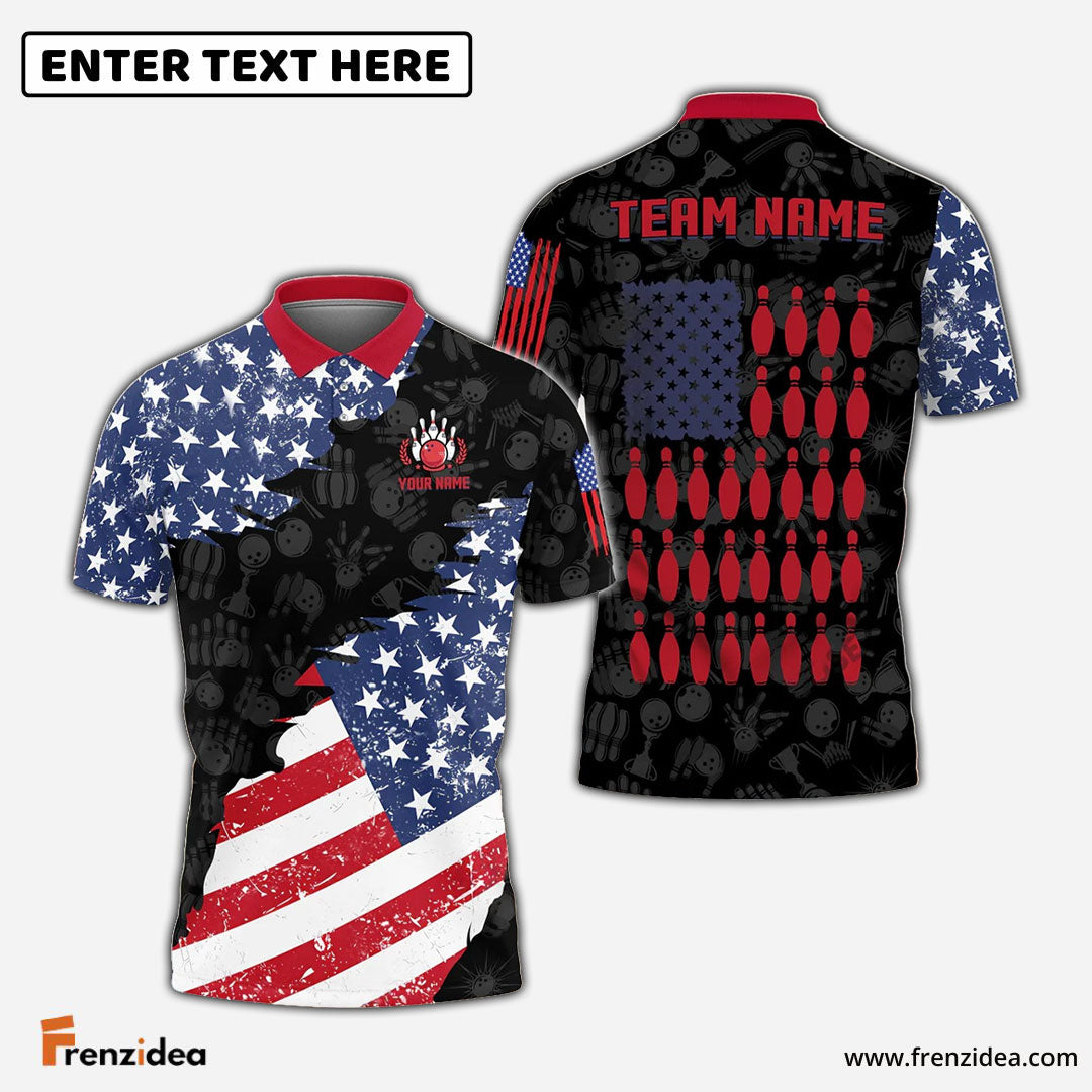 Frenzidea Bowling And Pins US Flag Bowling Pattern Customized Name, Team Name 3D Shirt (Black & White)