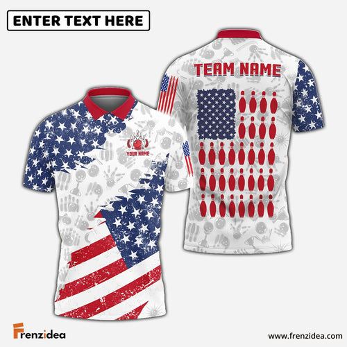 Frenzidea Bowling And Pins US Flag Bowling Pattern Customized Name, Team Name 3D Shirt (Black & White)