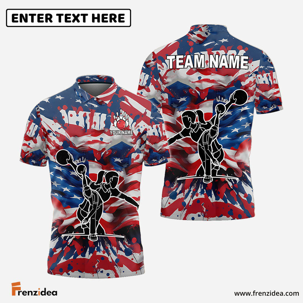 Frenzidea Bowling And Pins America Flag Paint Style Customized Name, Team Name 3D Shirt
