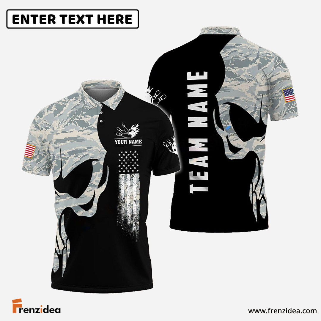 Frenzidea Bowling And Pins Skull Army Flag Custom Multicolor Customized Name 3D Shirt ( 4 Colors )