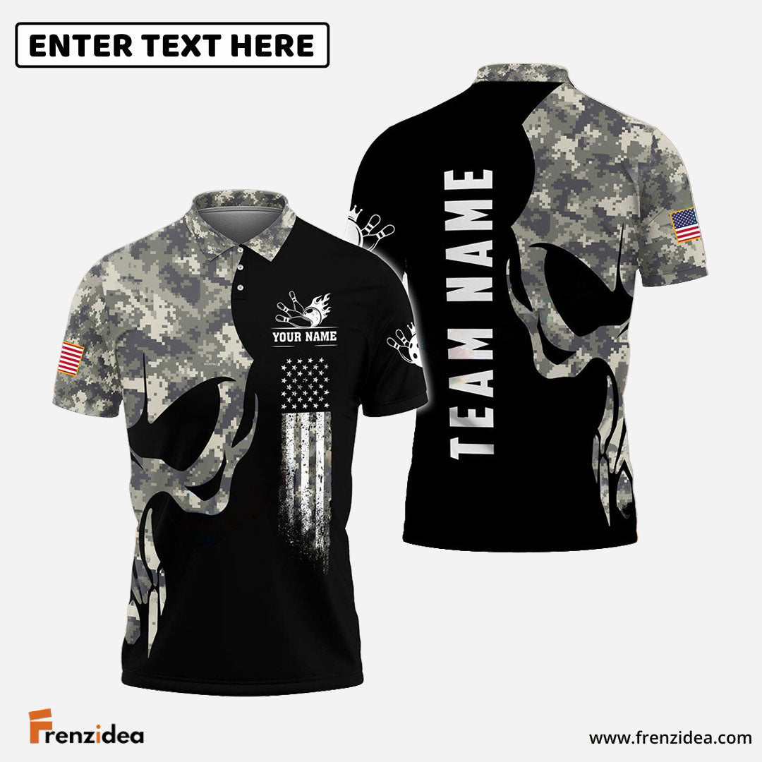 Frenzidea Bowling And Pins Skull Army Flag Custom Multicolor Customized Name 3D Shirt ( 4 Colors )