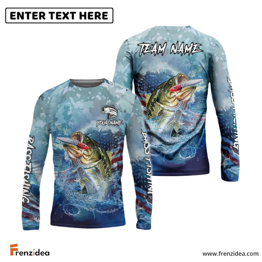 Frenzidea Bass Fishing American Flag Seawave Custom Name & Team Name 3D Shirts