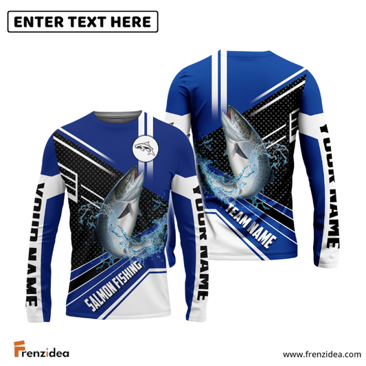 Frenzidea Salmon Fishing Blue White Sport Custom Name & Team Name 3D Shirts