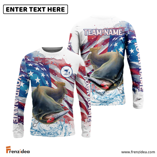 Frenzidea Catfish Fishing Watercolor USA Flag Custom Name & Team Name Shirts