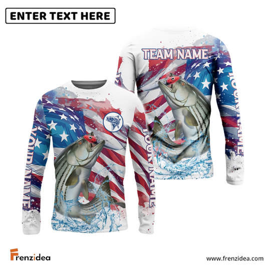 Frenzidea Striped Bass Fishing Watercolor USA Flag Custom Name & Team Name Shirts