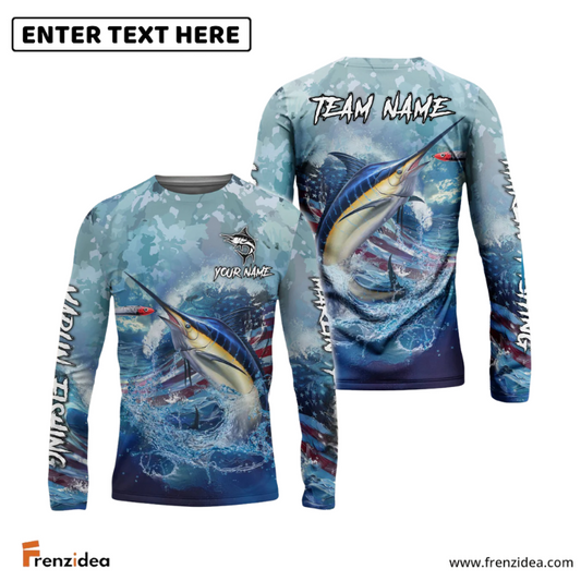 Frenzidea Marlin Fishing American Flag Seawave Custom Name & Team Name 3D Shirts