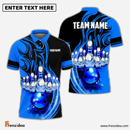Frenzidea Flame Bowling Ball Break Pins Personalized Name and Team Name 3D Shirt (4 Colors)