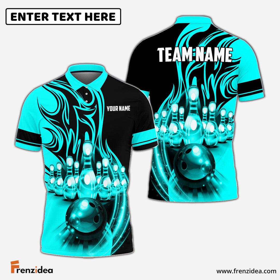 Frenzidea Flame Bowling Ball Break Pins Personalized Name and Team Name 3D Shirt (4 Colors)