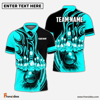 Frenzidea Flame Bowling Ball Break Pins Personalized Name and Team Name 3D Shirt (4 Colors)