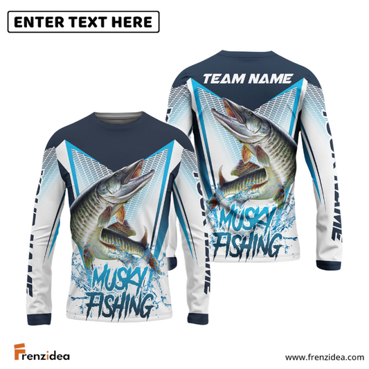 Frenzidea Musky Fishing White Blue Camo Sport Custom Name & Team Name 3D Shirts